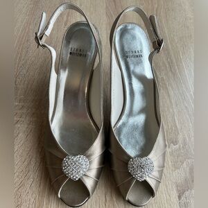Stuart Weitzman Metallic Champagne Peep-Toe Slingback Heels with Crystal Heart
